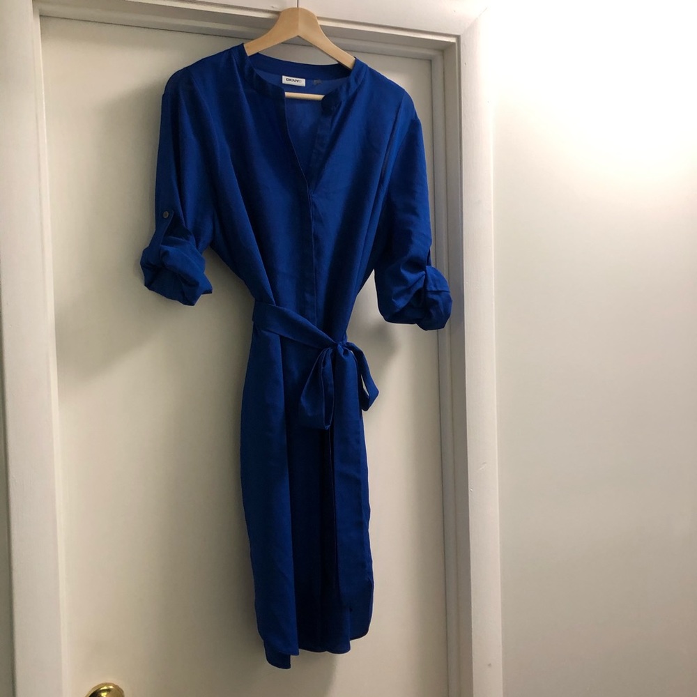 DKNY Royal blue button down dress with belt, large